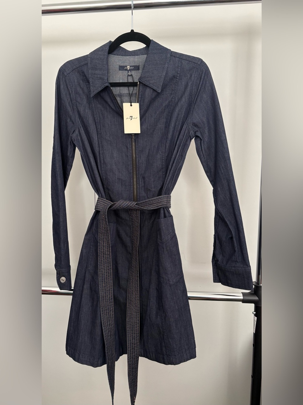 NWT 7 For All Mankind Dark Wash Zip Front Denim Dress Belted Size Small S